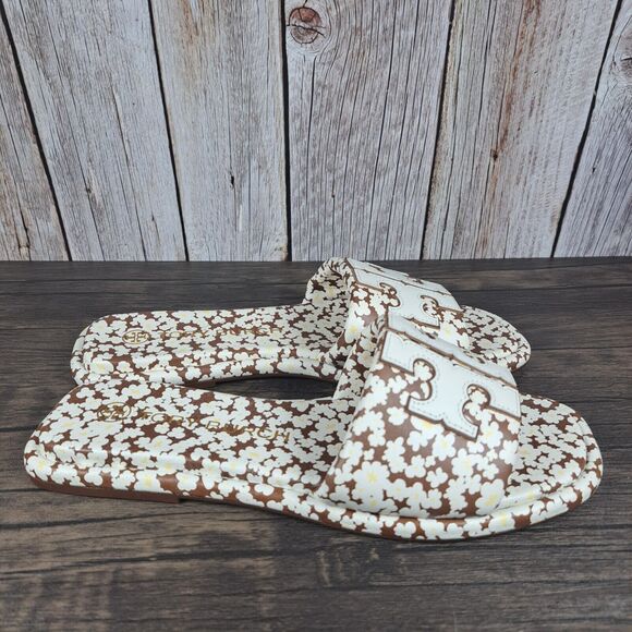 Tory Burch Double T Sport Slide Tumbled Leather Floral Print Women's Sz 9 (VGC) - Picture 3 of 8